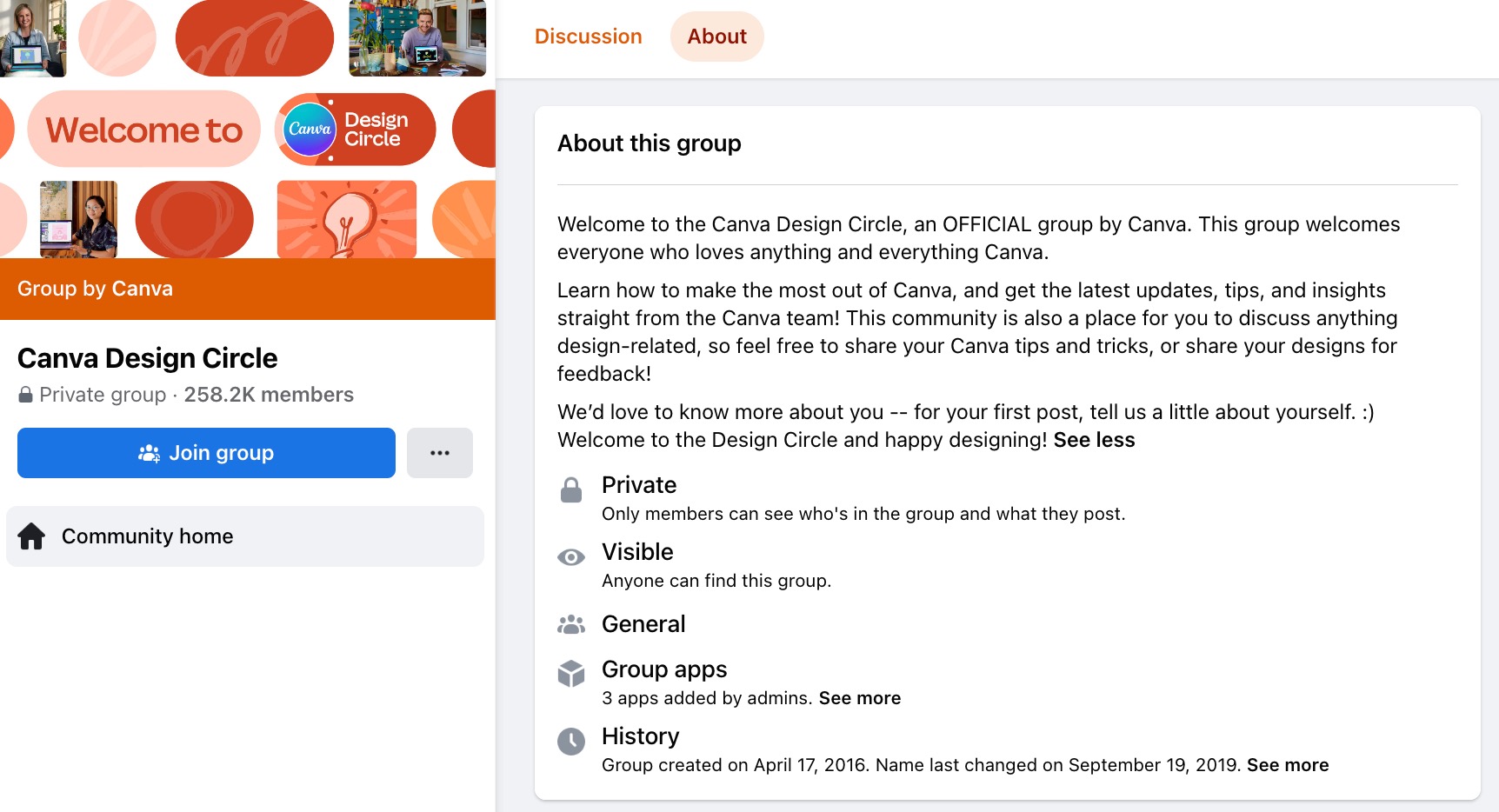 A screenshot of the Canva Design Circle Facebook group with the "About" tab open. Their “About” section describes the group's purpose and rules. 