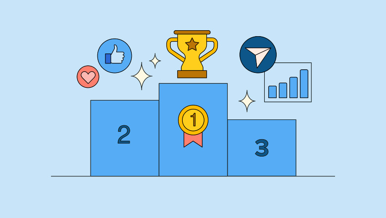 Illustration showing various social comms channels, metrics and a podium with a winner's trophy, representing social competitive benchmarking