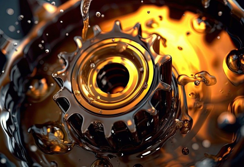 An industrial gear is lubricated with oil. There are various liquid droplets moving around as the gear turns.