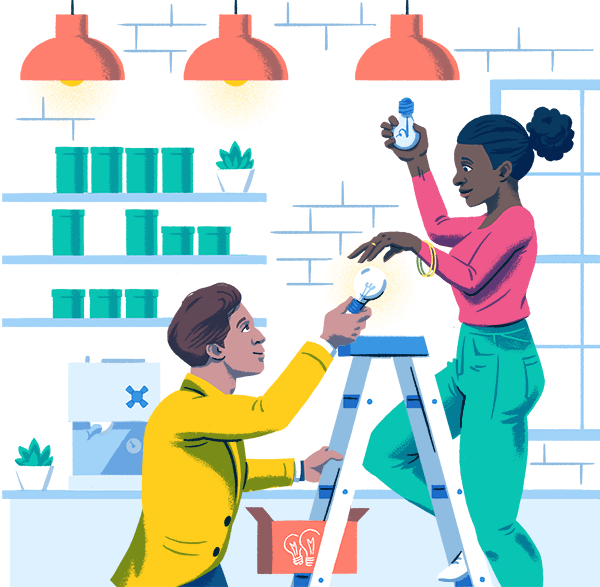 Illustration of two teammates working together to change a lightbulb.