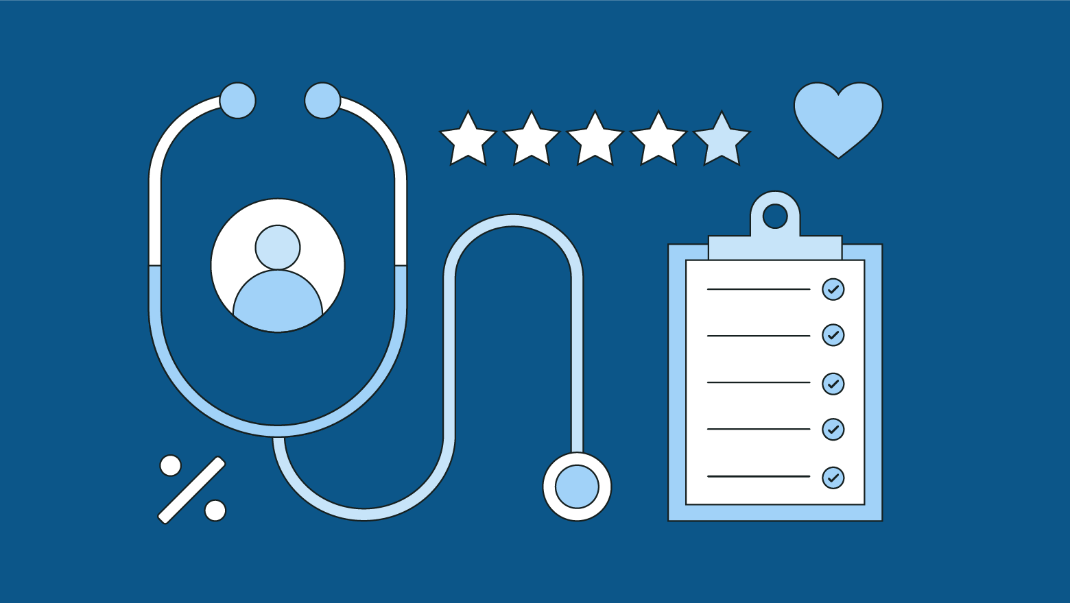 A blue background with a patient clipboard and stethoscope graphic