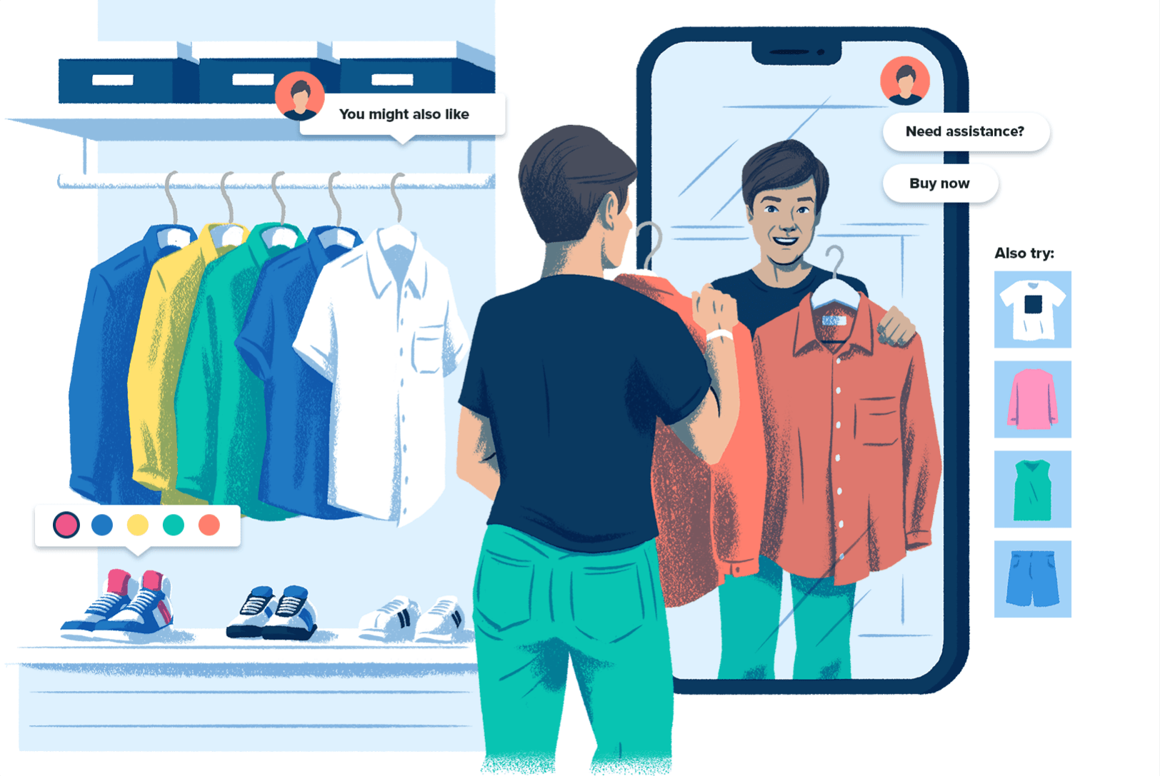 Illustration of a shopper in a storefront with a cell phone-shaped mirror and online shopping buttons on the merchandise , representing the in-store experience you can have shopping on social.