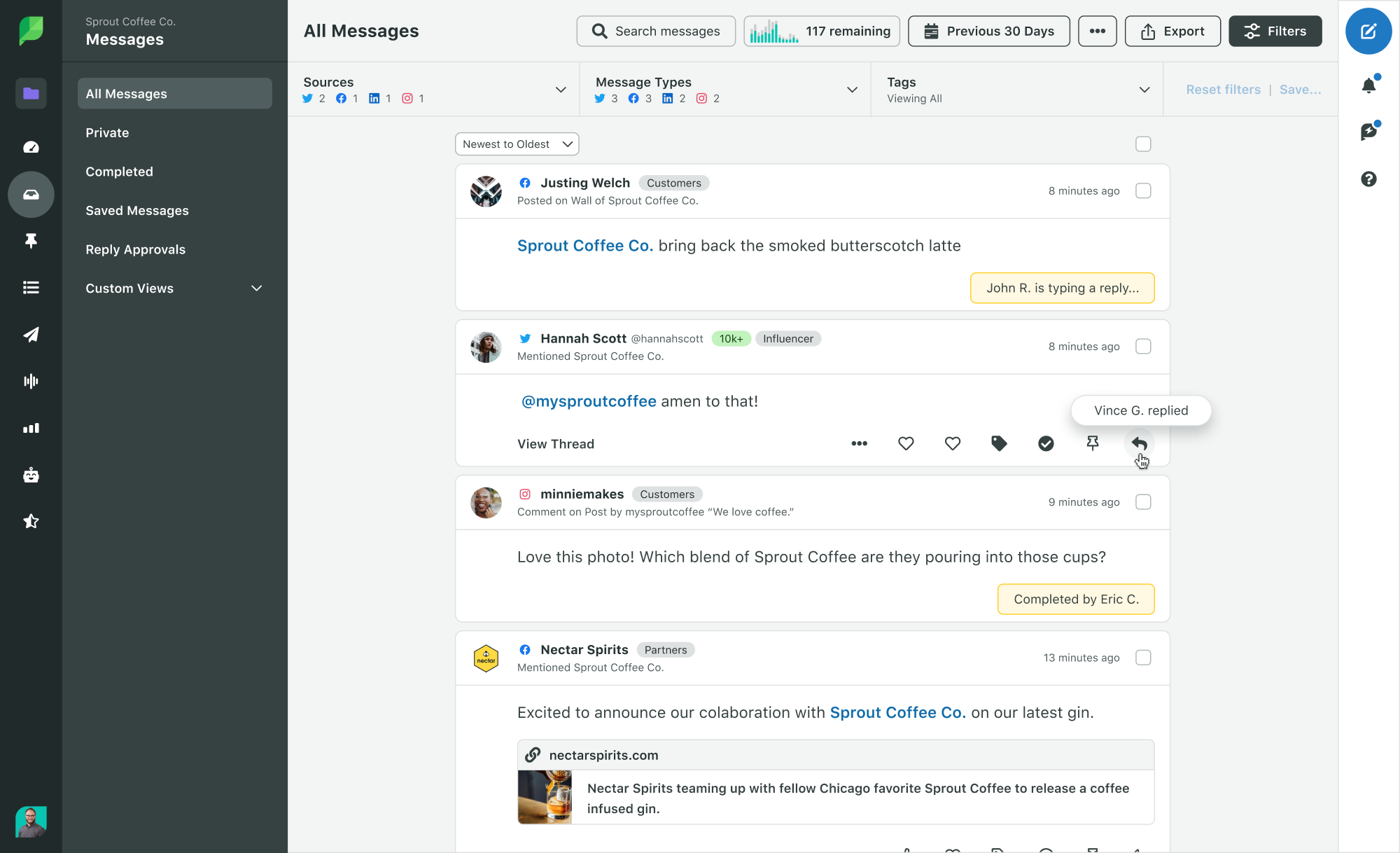 Collision detection notifications in Sprout’s Smart Inbox help you and your team avoid sending duplicate or conflicting responses to the same message.