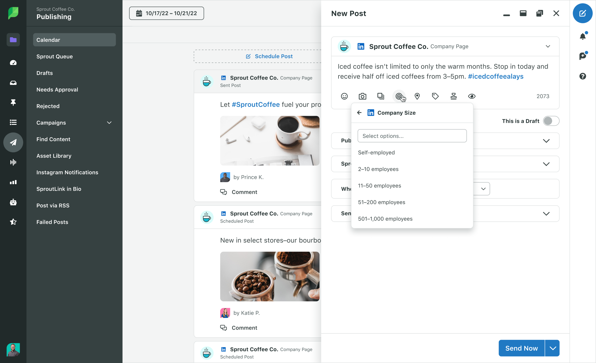 Sprout Social Product Image of Publishing Calendar List View with LinkedIn Targeting Compose