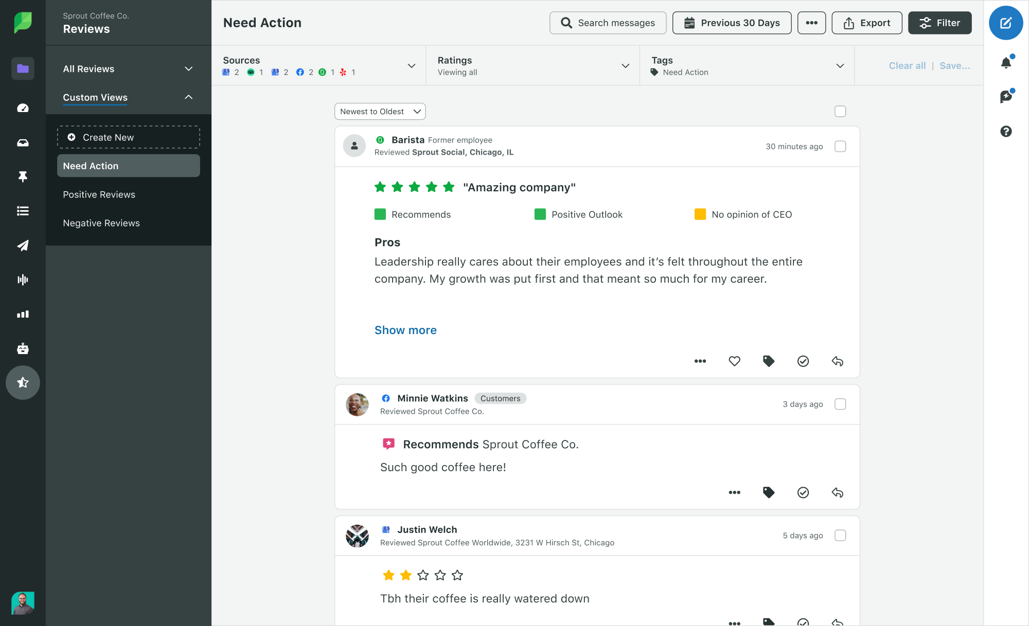 Sprout Social dashboard showing reviews from various networks like 