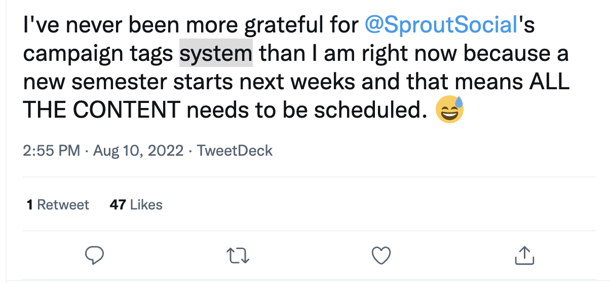 Screenshot of Sprout customer praising the tagging system