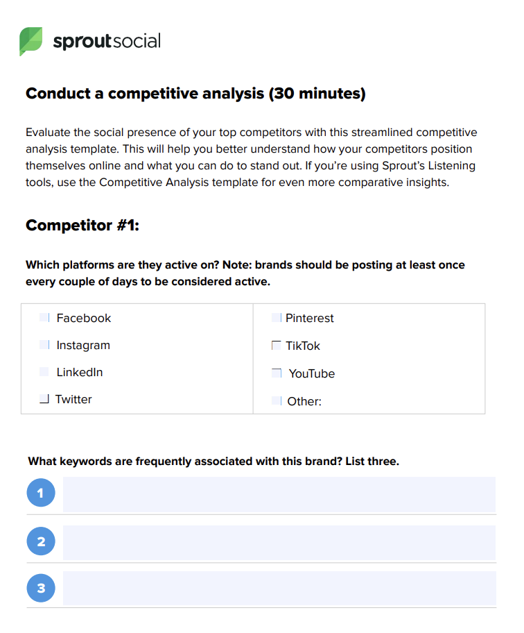 A screenshot of the first page of the social media market research worksheet. It reads conduct a competitive analysis. It includes instructions for evaluating the social performance of a competitor. 