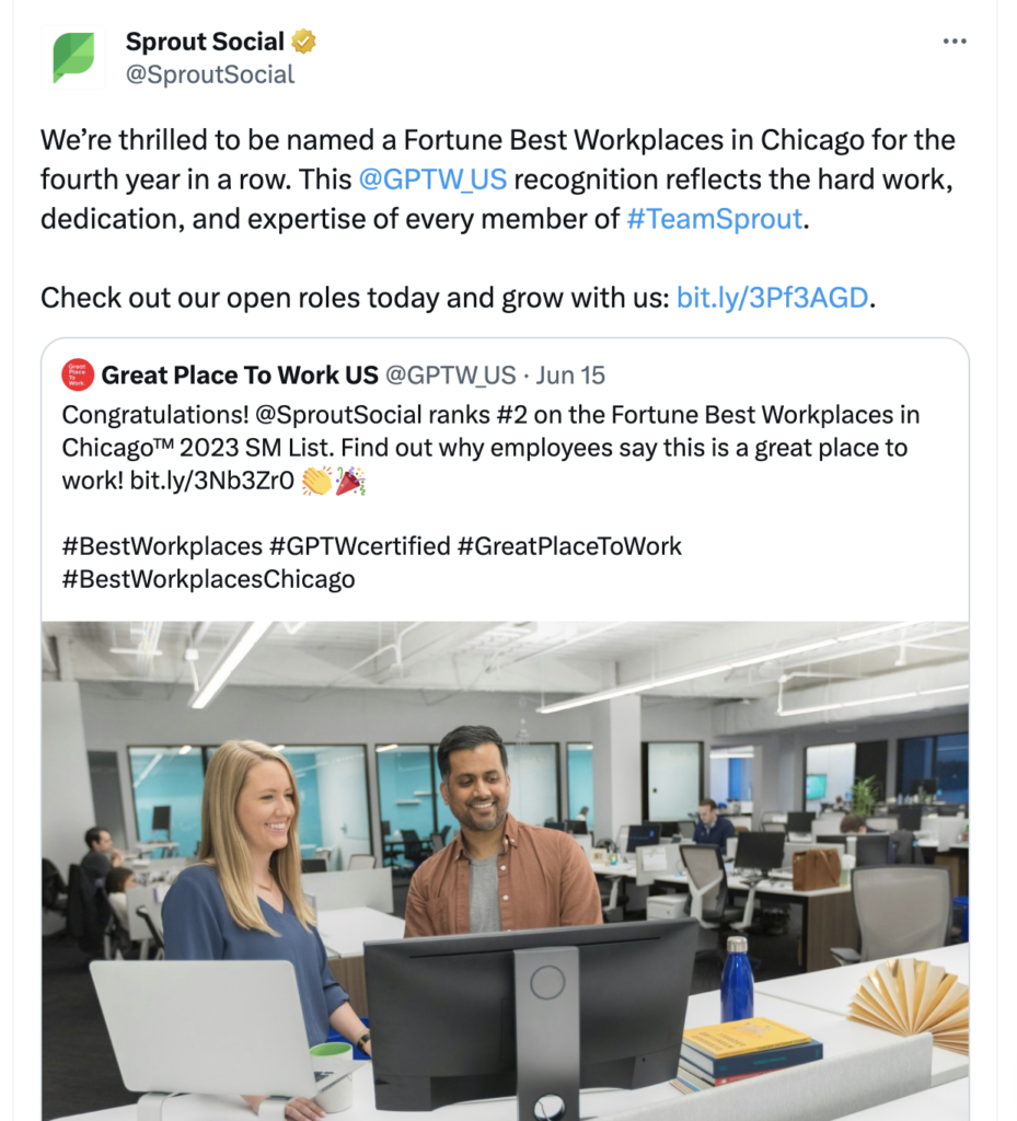 Sprout promoting it's win on being named Fortune's "Best Places To Work" in Chicago.