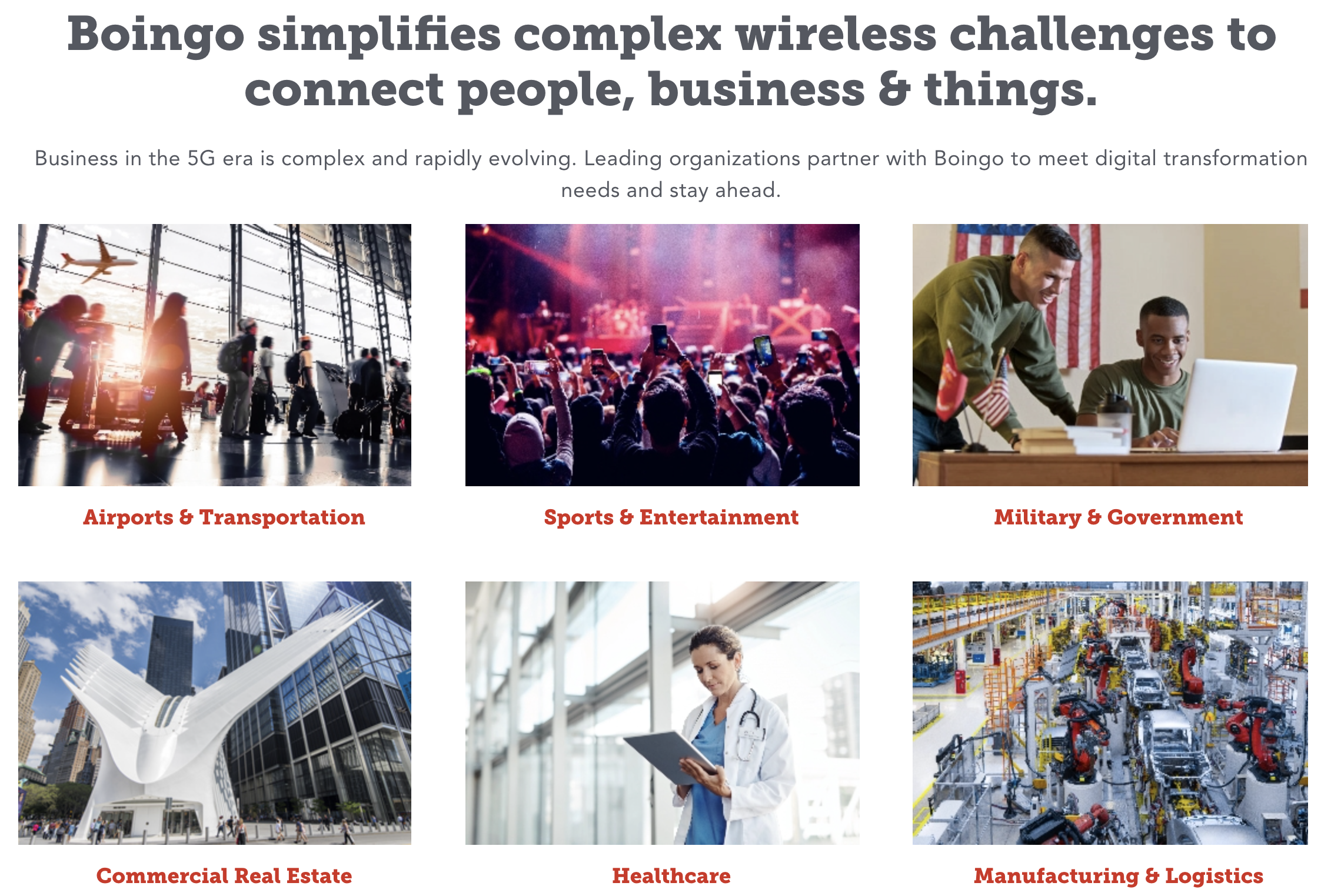 A screenshot of Boingo's website that features their tagline, "Boingo simplifies complex wireless challenges to connect people, business & things." The page also includes images of the different industries they serve.