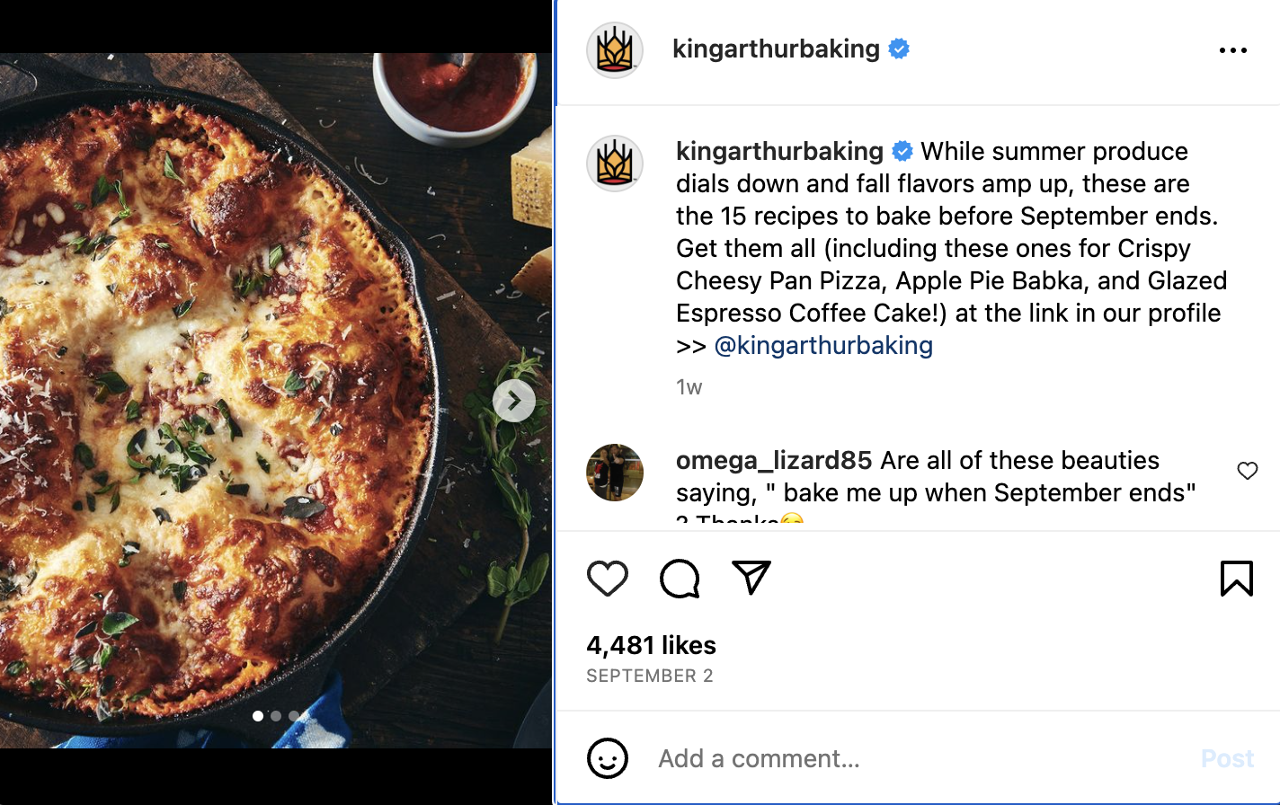A King Arthur Baking Company Instagram post featuring a photo of bread. The caption says to view their 15 September recipes at the link in bio.