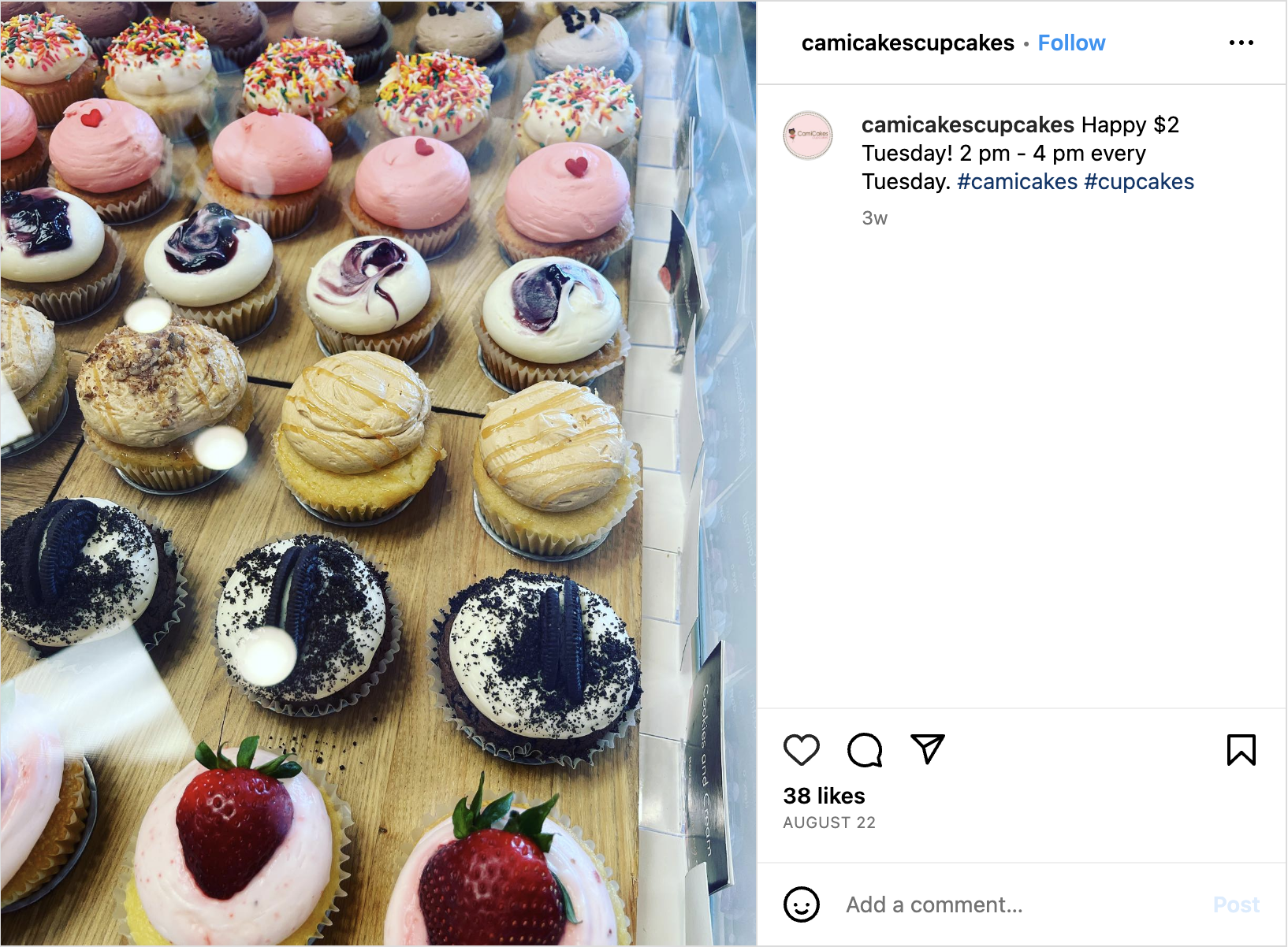 Cami Cake's Cupcakes Instagram post featuring an assortment of cupcakes. The caption reads, "Happy $2 Tuesday! 2 p.m. to 4 p.m. every Tuesday. #camicakes #cupcakes."
